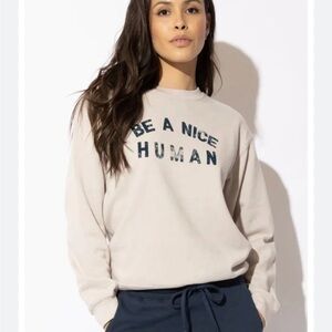 Sub_Urban Riot Be A Nice Human Graphic Crewneck Sweatshirt Beige Distressed Navy